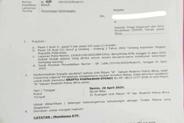 Empat Mahasiswa Diperiksa Polisi Terkait Kasus Pengrusakan Mobil Wabup Bima